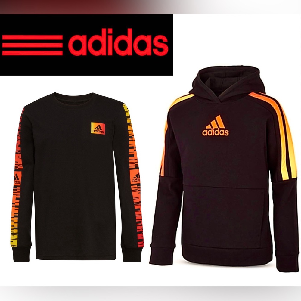 ADIDAS 2-Piece Set- Hoodie & Long Sleeve Tee, Black/Gradient, Like New, Sz YL